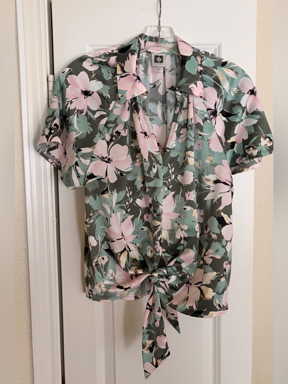 Anne Klein Sage Green & Pink Floral Tie-Front Satin Button Shirt - Picture 2 of 4